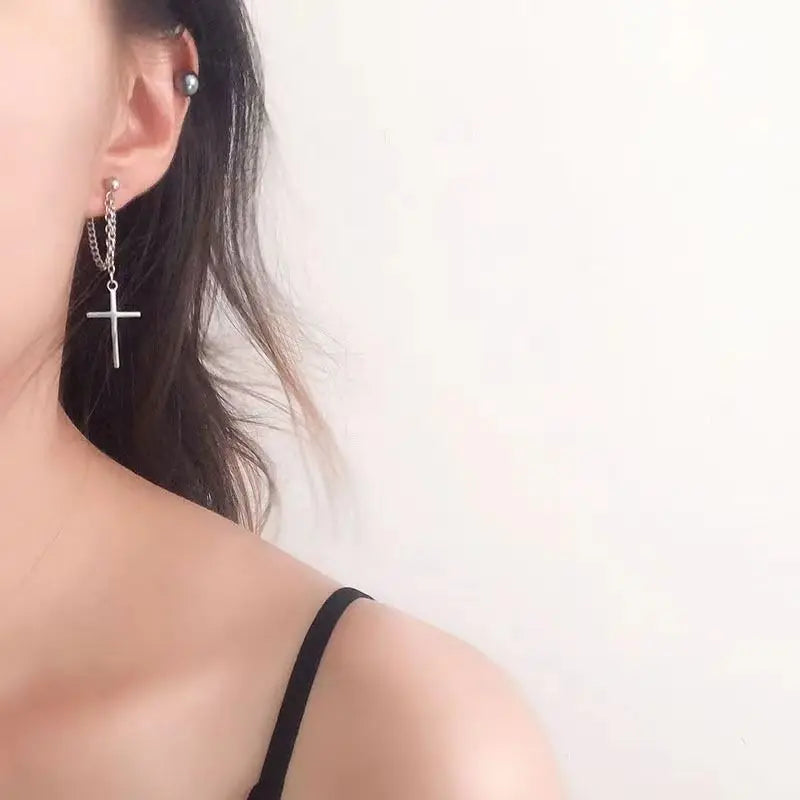 2 Pcs Punk Silver Color Cross Drop Earrings - Image 2